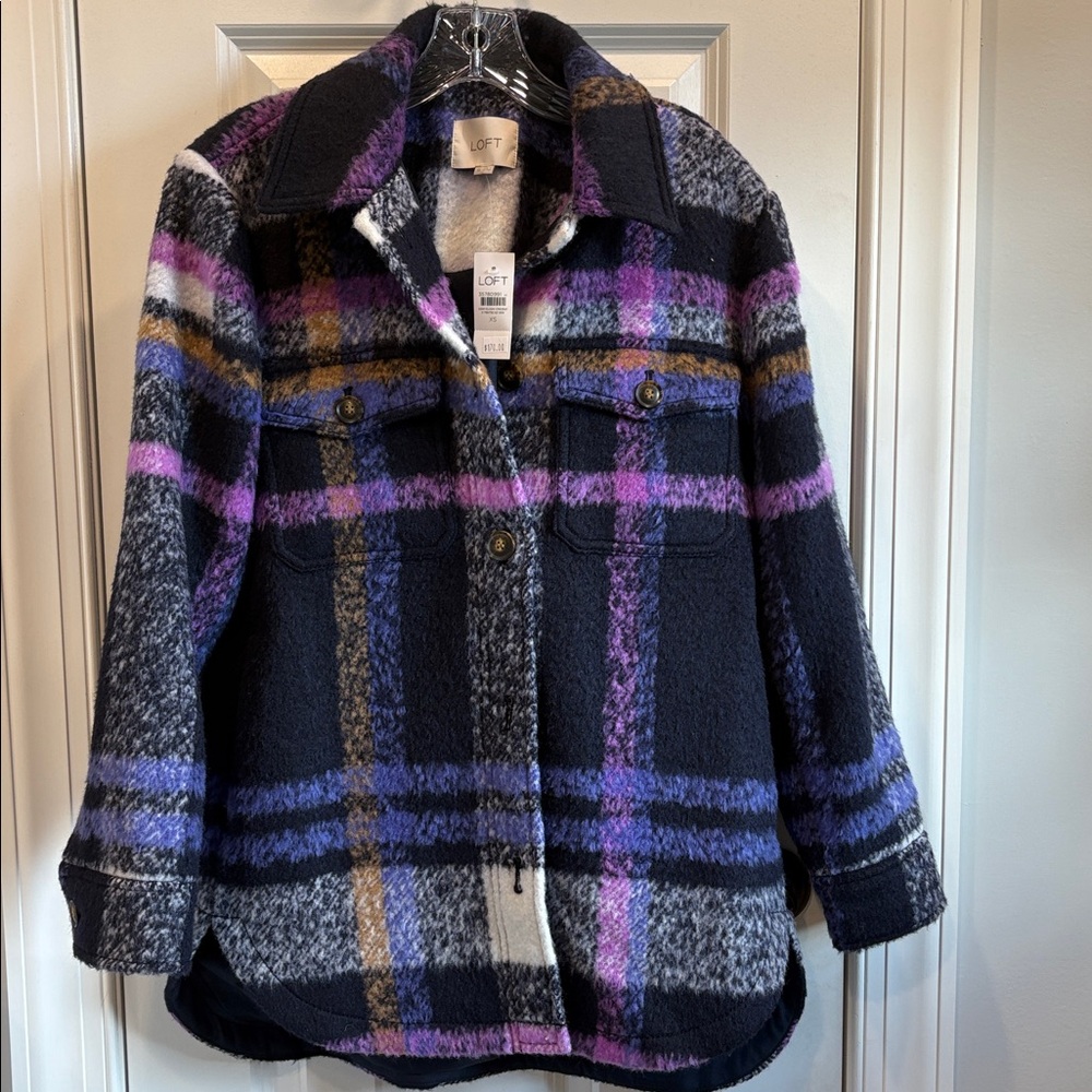 NWT Loft Purple Black White Gray Grey Orange Plaid Jacket Shacket XS